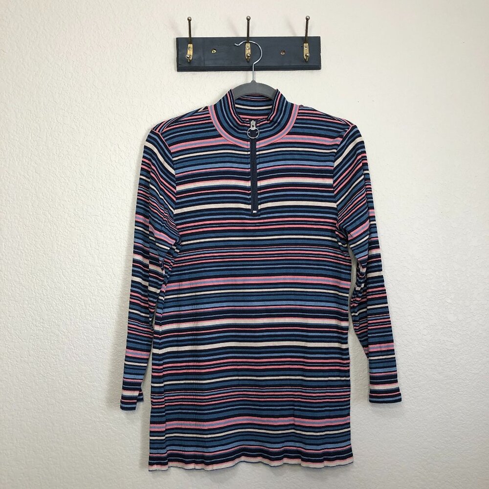 CJ Banks Multicolored Striped Ribbed Zip Long Sleeve Top Women's X Retro 70s Y2K